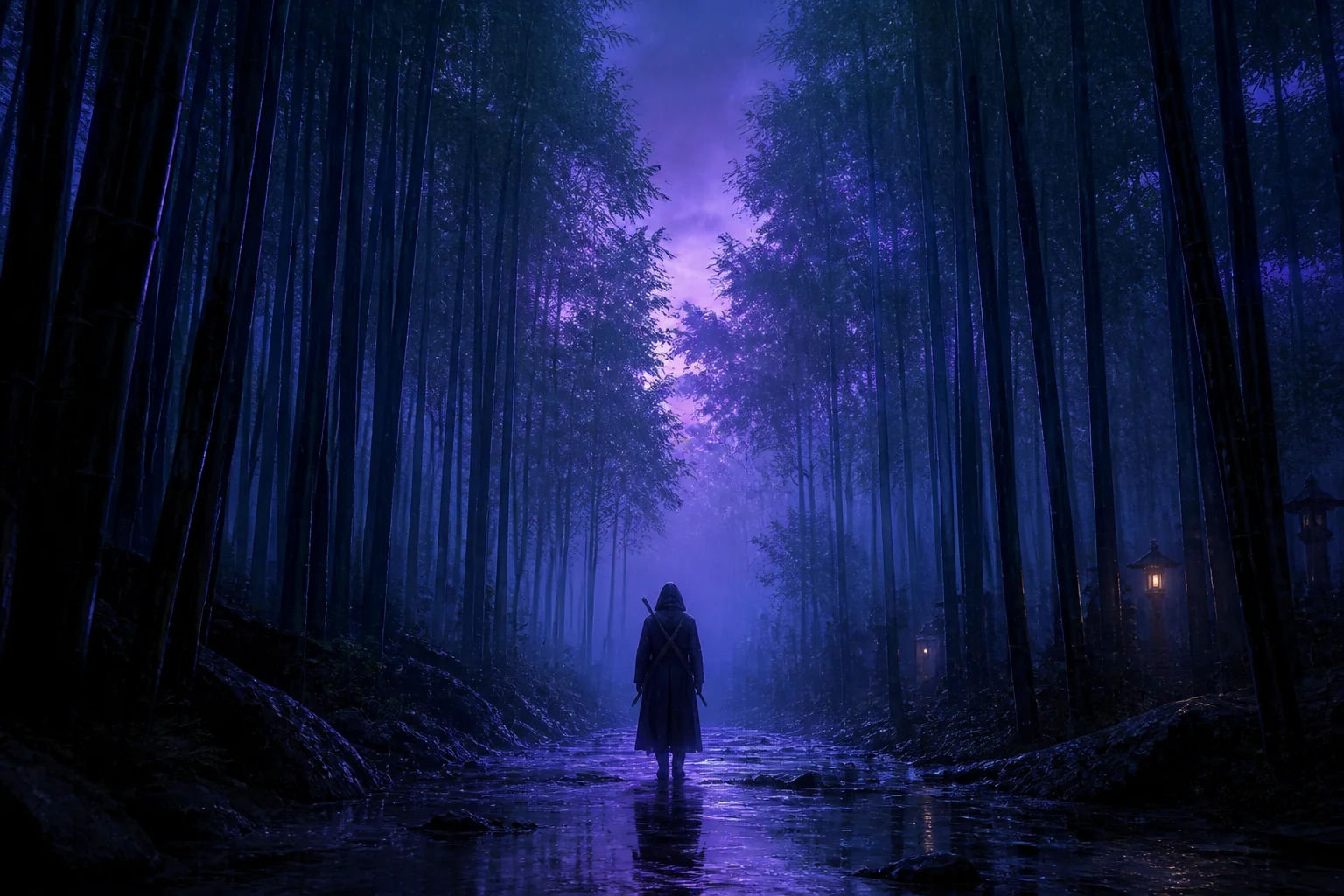 雨夜竹林中的孤影全景